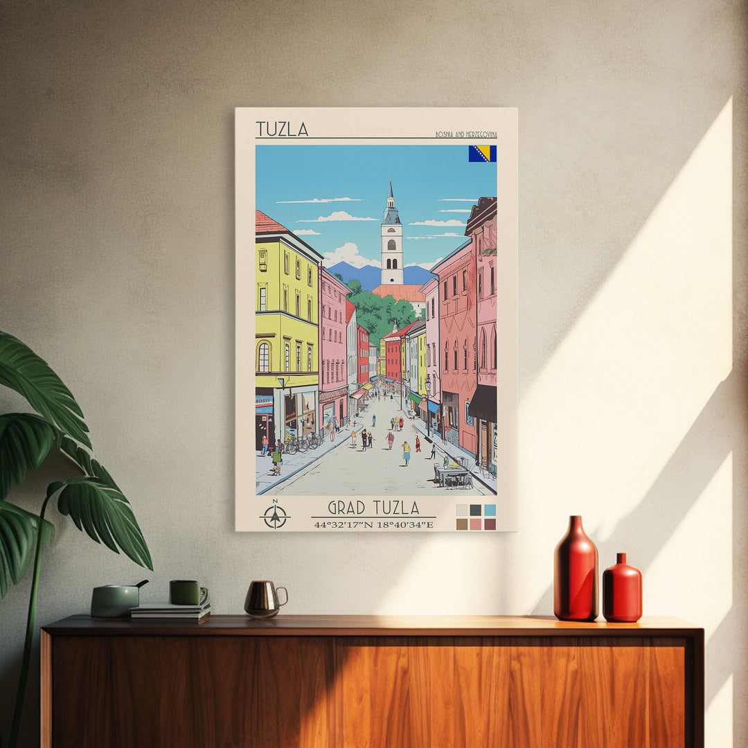 Tuzla Bosnia Travel Poster Framed Canvas Print, Midcentury Modern Art, Pop Art Wall Decor, Living Room Art, Vacation Gift