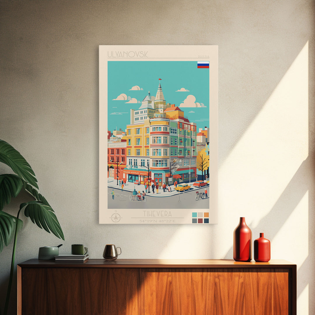 Ulyanovsk Russia Travel Poster Framed Canvas Print, Midcentury Modern Art, Pop Art Wall Decor, Living Room Art, Scenic Wall Art