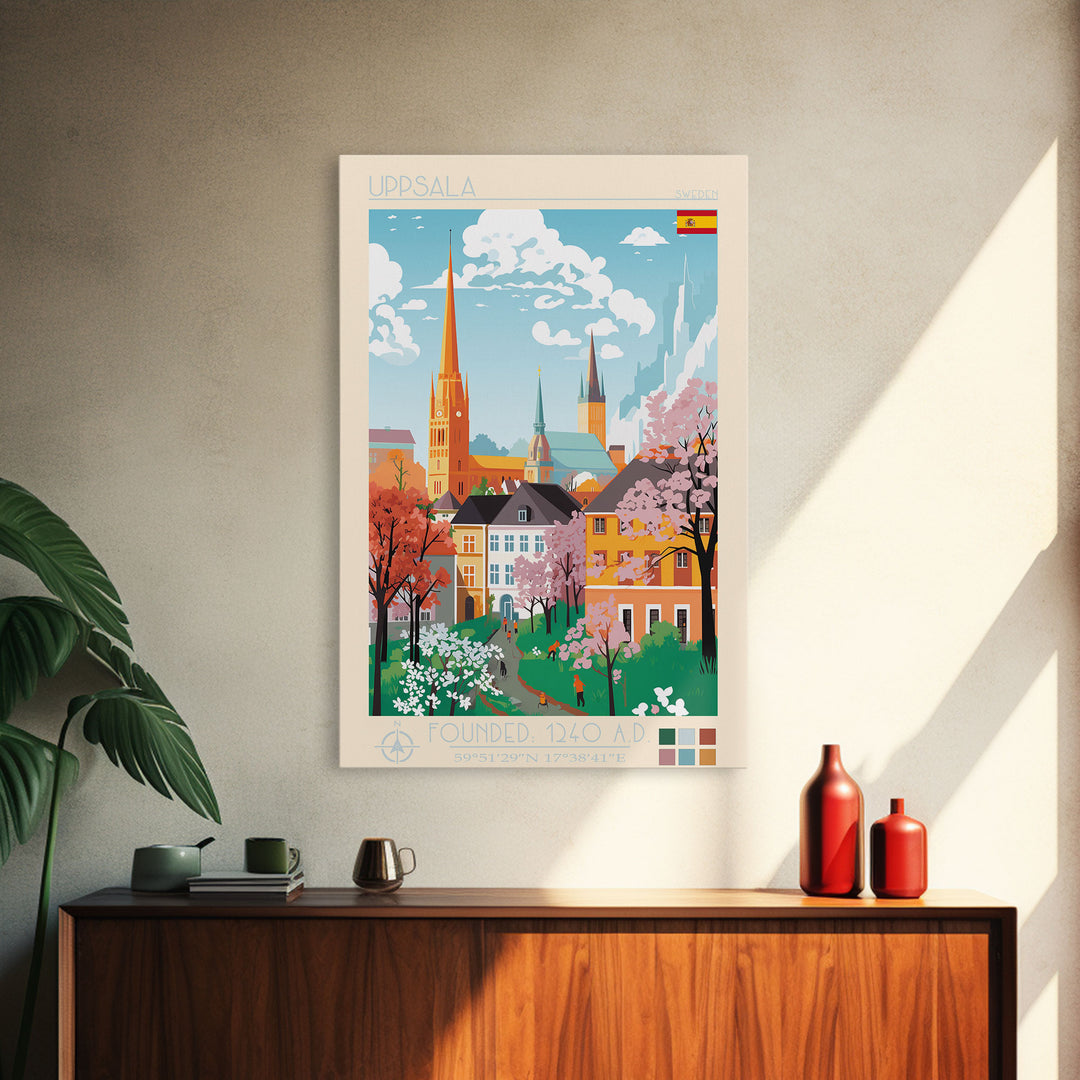 Uppsala Sweden Travel Poster Framed Canvas Print, Midcentury Modern Art, Pop Art Wall Decor, Living Room Art, Home Decoration