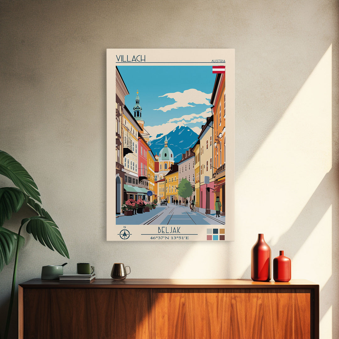 Villach Austria Travel Poster Framed Canvas Print, Midcentury Modern Art, Pop Art Wall Decor, Living Room Art, Scenic Wall Art