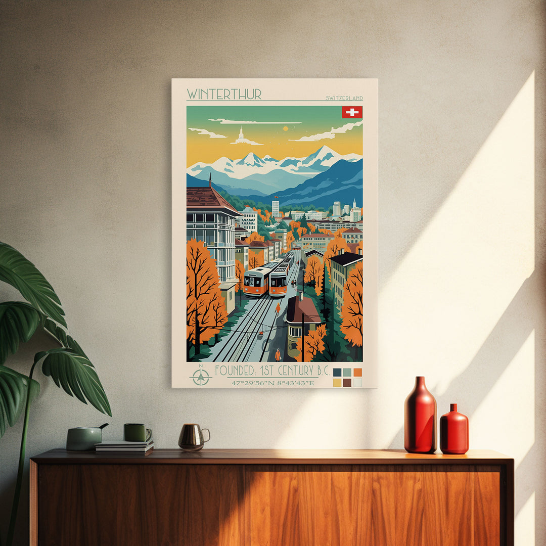 Winterthur Switzerland Travel Poster Framed Canvas Print, Midcentury Modern Art, Pop Art Wall Decor, Living Room Art, Scenic Wall Art