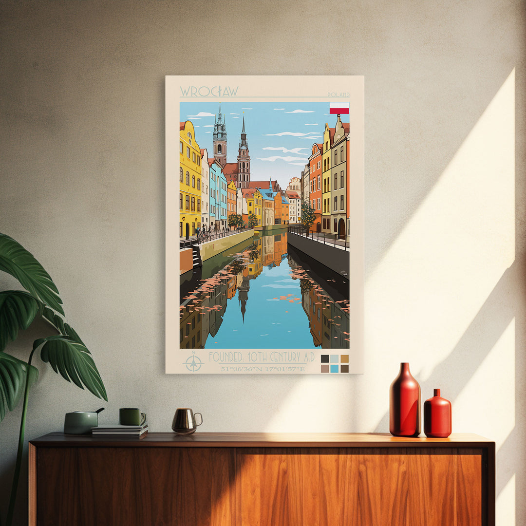 Wrocław Poland Travel Poster Framed Canvas Print, Midcentury Modern Art, Pop Art Wall Decor, Living Room Art, Scenic Wall Art