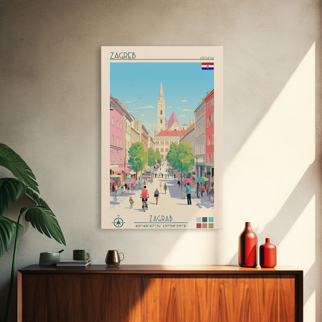 Zagreb Croatia Travel Poster Framed Canvas Print, Midcentury Modern Art, Pop Art Wall Decor, Living Room Art, Home Decoration