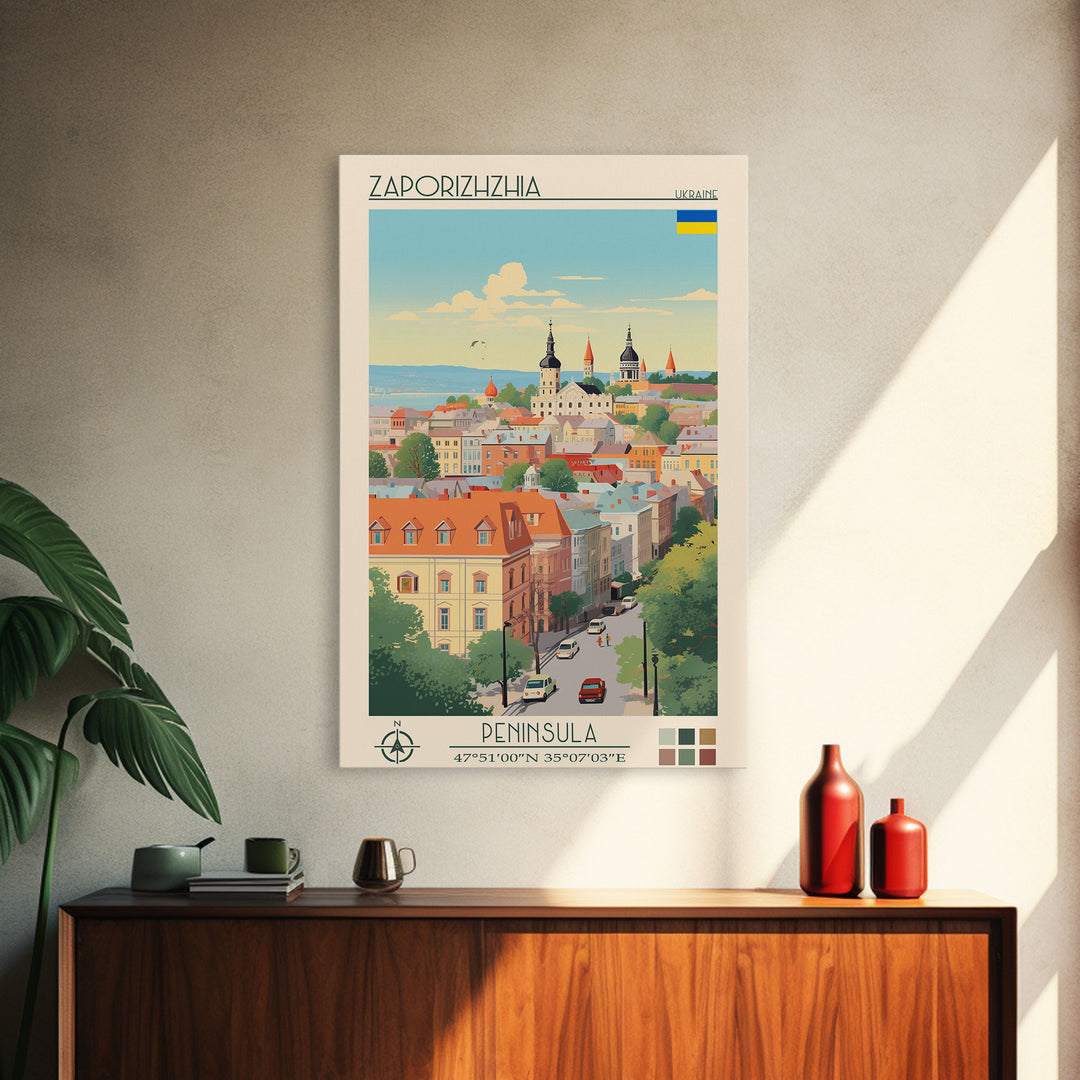 Zaporizhzhia Ukraine Travel Poster Framed Canvas Print, Midcentury Modern Art, Pop Art Wall Decor, Living Room Art, Scenic Wall Art