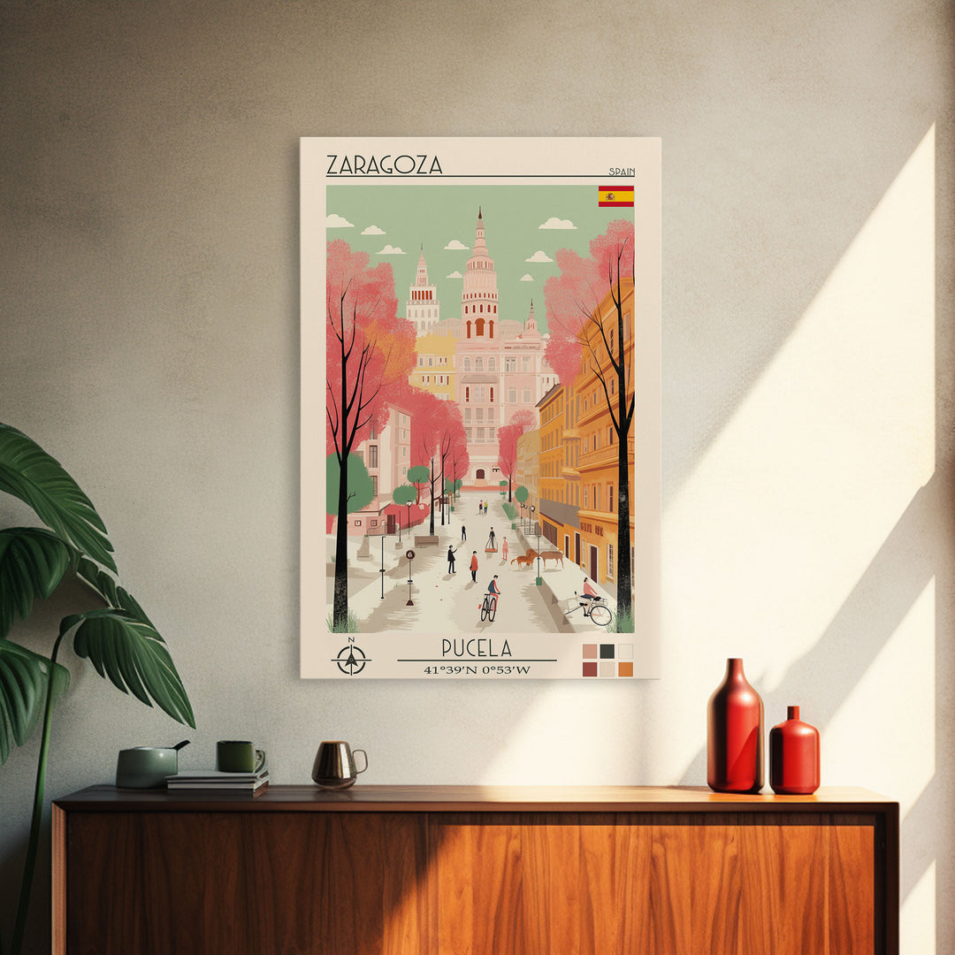 Zaragoza Spain Travel Poster Framed Canvas Print, Midcentury Modern Art, Pop Art Wall Decor, Living Room Art, Vacation Gift