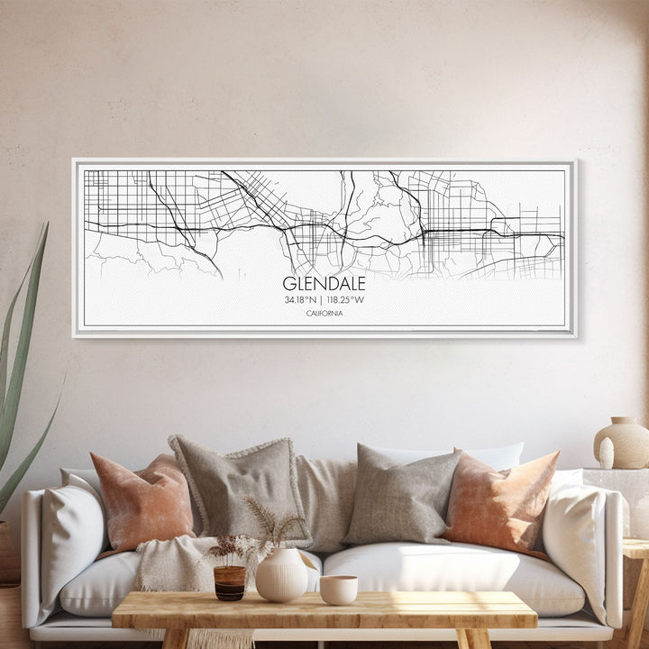 Panoramic Glendale City Map, California Art, Map Print, Minimalist Wall Art, Canvas Art, Housewarming Gift, Street Map Art, Closing Gift