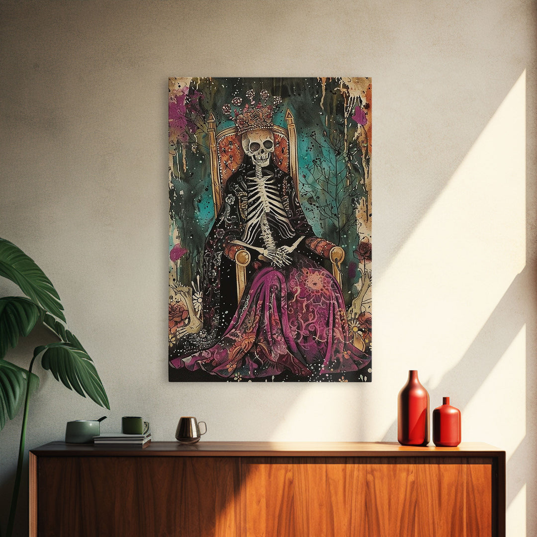 Skeleton King in Regal Throne Framed Canvas Print, Royalty Decor, Halloween Skeleton Art, Haunted Mansion Wall Art, Gothic Skeleton Print