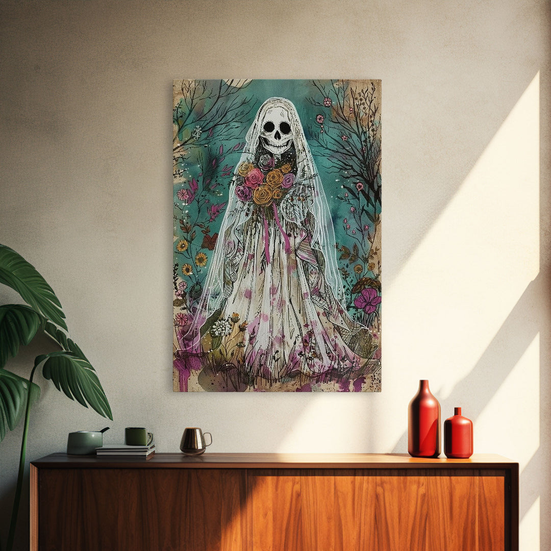 The Ghostly Bride, Cottage Core Ghost Decor, Cottagecore Halloween Art Framed Canvas Print, Unique Wall Art, Spooky Season Decor