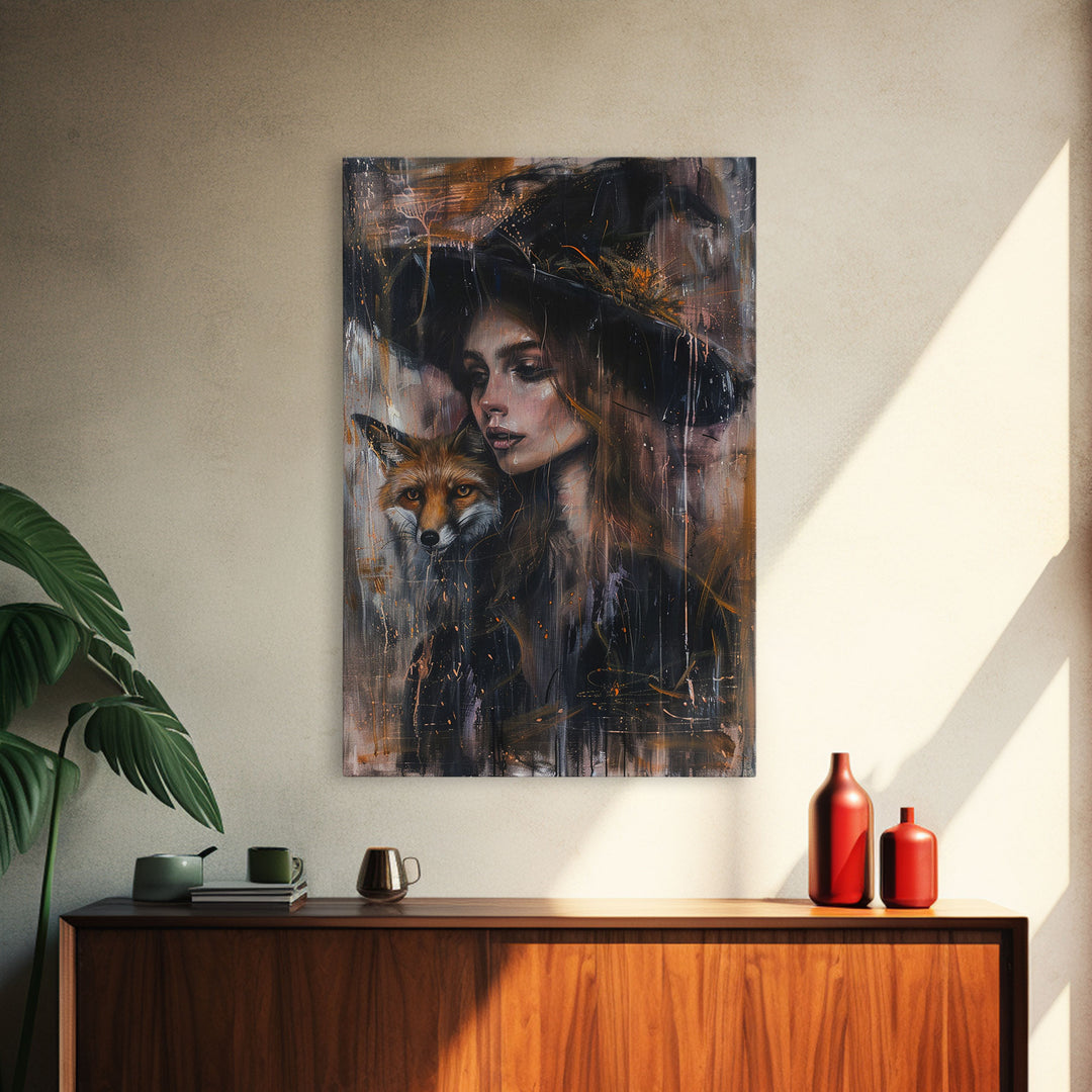 The Witch And Her Fox Familiar Framed Canvas Print | Halloween Unique Decor / Gift Idea | Witch Art | Witch Hat | Framed Canvas