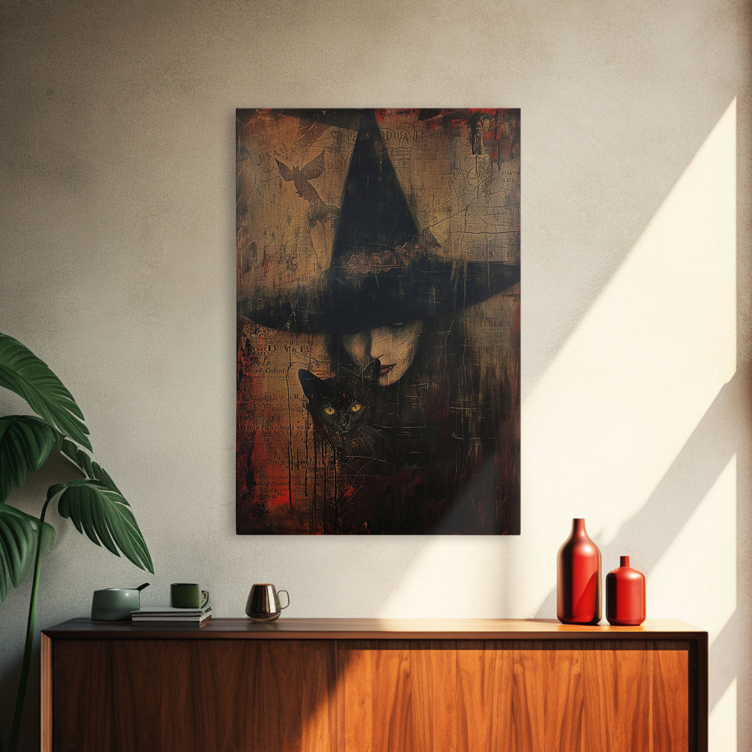 Witch And Black Cat Framed Canvas Print, Spooky Halloween Decor, Framed Canvas, Vintage and Distressedd Halloween Wall Art, Spooky Vibes