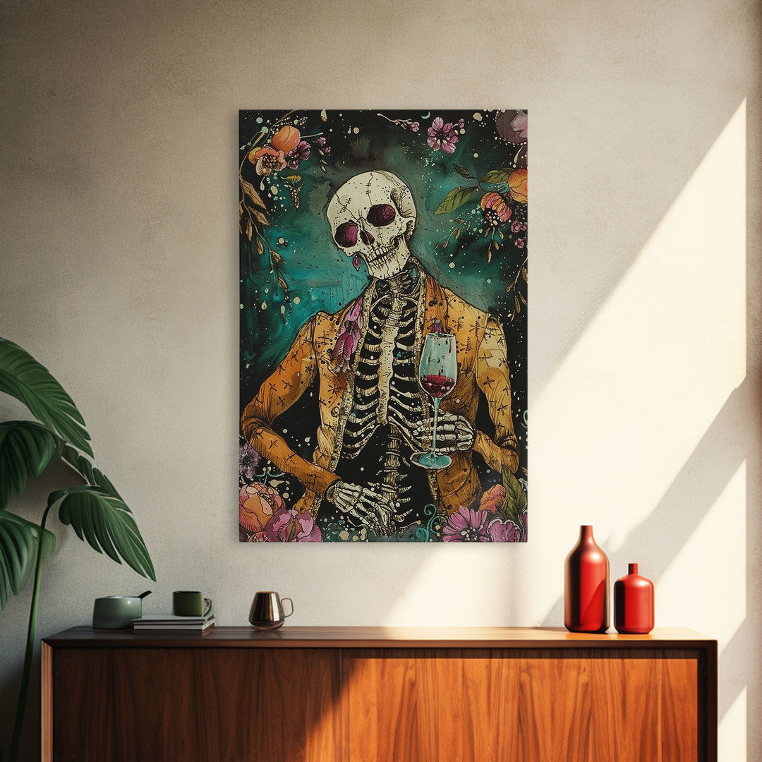 Skeleton Gentleman with Wine Glass Framed Canvas Print, Halloween Art, Creepy Wall Art, Spooky Home Decor, Scary Art, Unique Wall Decor