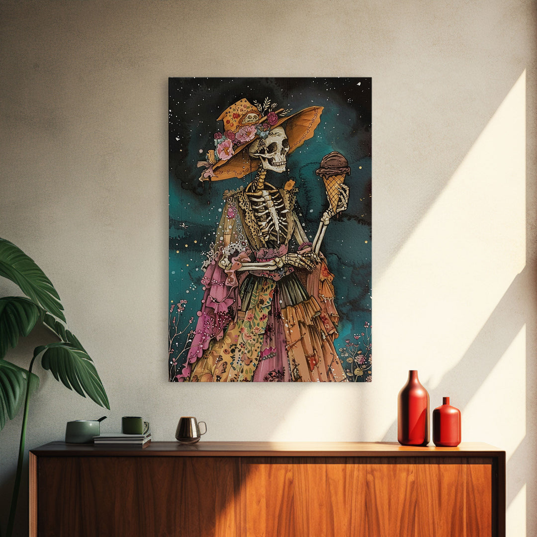 Skeleton in a Colorful Dress with Ice Cream - Day of the Dead Art - Halloween Skeleton Print Vibrant Skeleton Decor - Dia de los Muertos Art