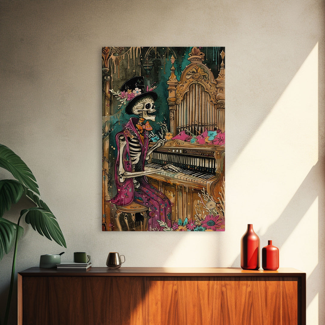 Skeleton Playing Organ in Gothic Church - Day of the Dead Skeleton Musician - Gothic Halloween Art - Skeleton Decor for Halloween