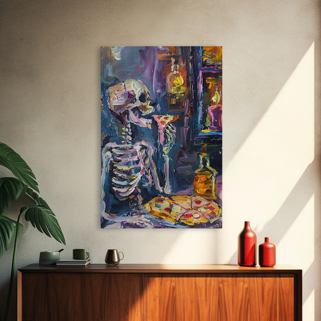 The Hungry Skeleton Chomps a Pizza, Funny Halloween Art, Framed Canvas, Halloween Poster