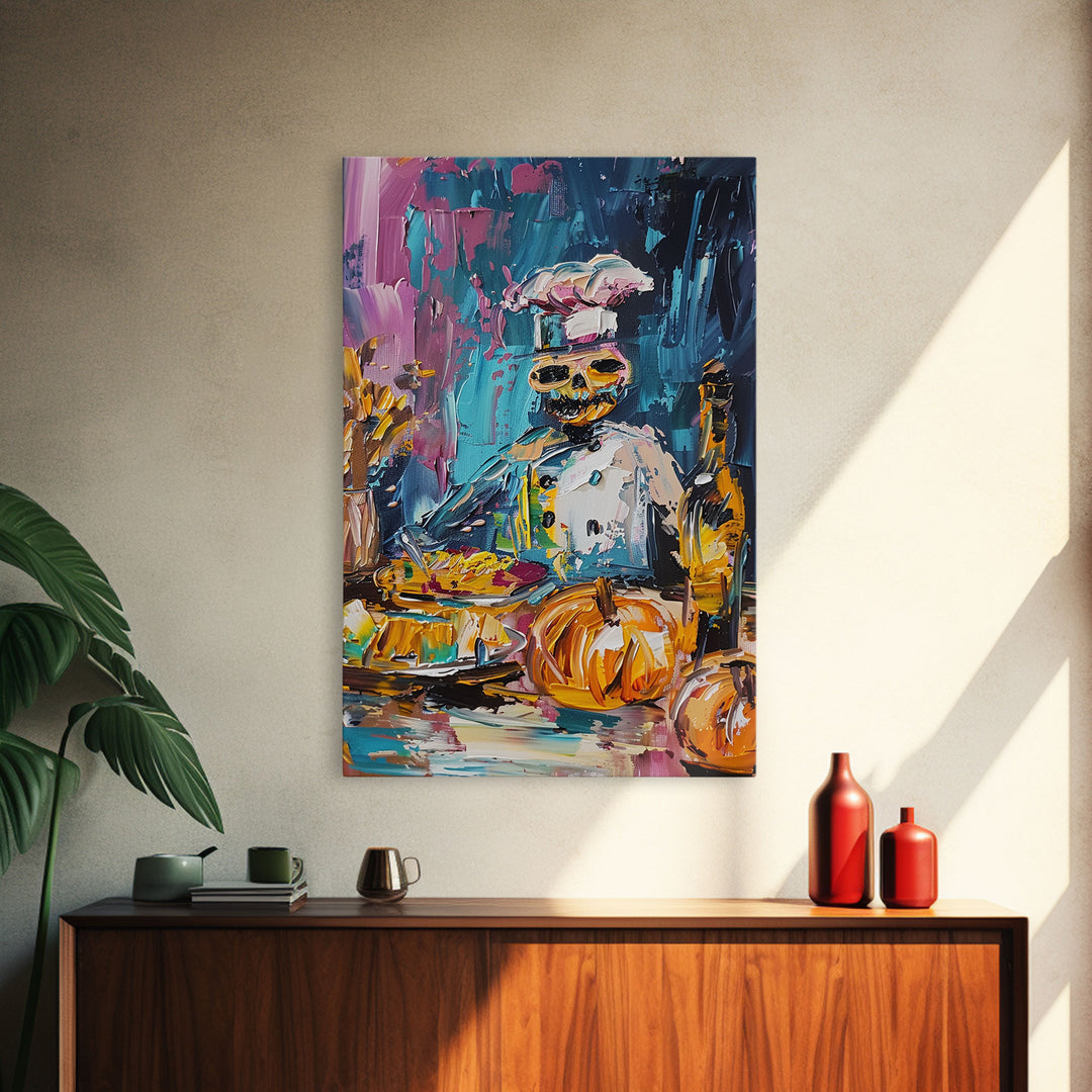 Skeleton Chef Cooking in a Colorful Kitchen - Halloween Skeleton Art - Fun Chef Skeleton Print - Spooky Cooking Skeleton Decor