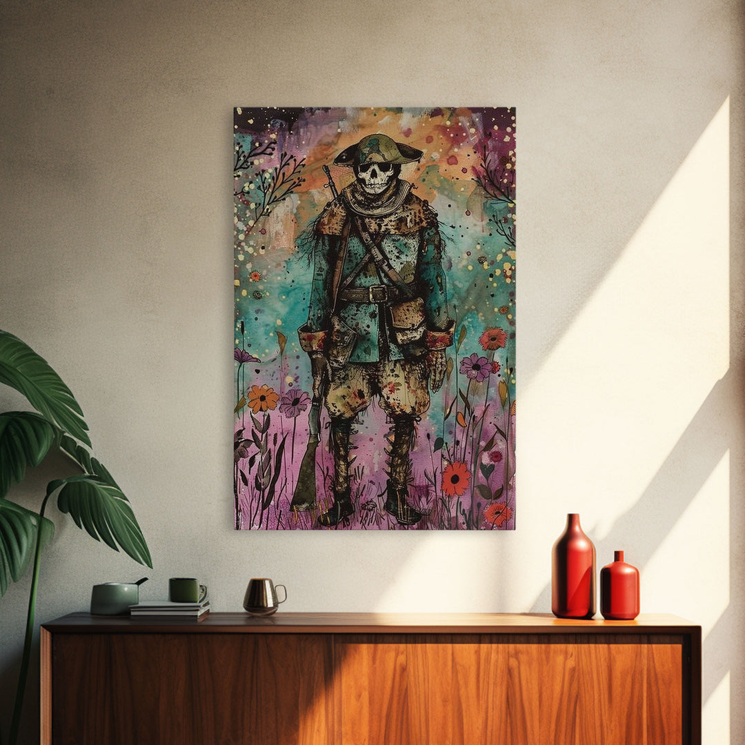 Skeleton Soldier Stands Amid Colorful Blooms, Blending Historical Charm and Spooky Halloween Style for Unique Wall Art