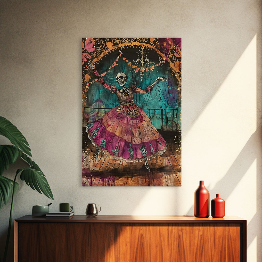 Skeleton Dancer in a Vibrant Dress Celebrates Halloween, Bringing Spooky Charm to Your Halloween Wall Art Collection