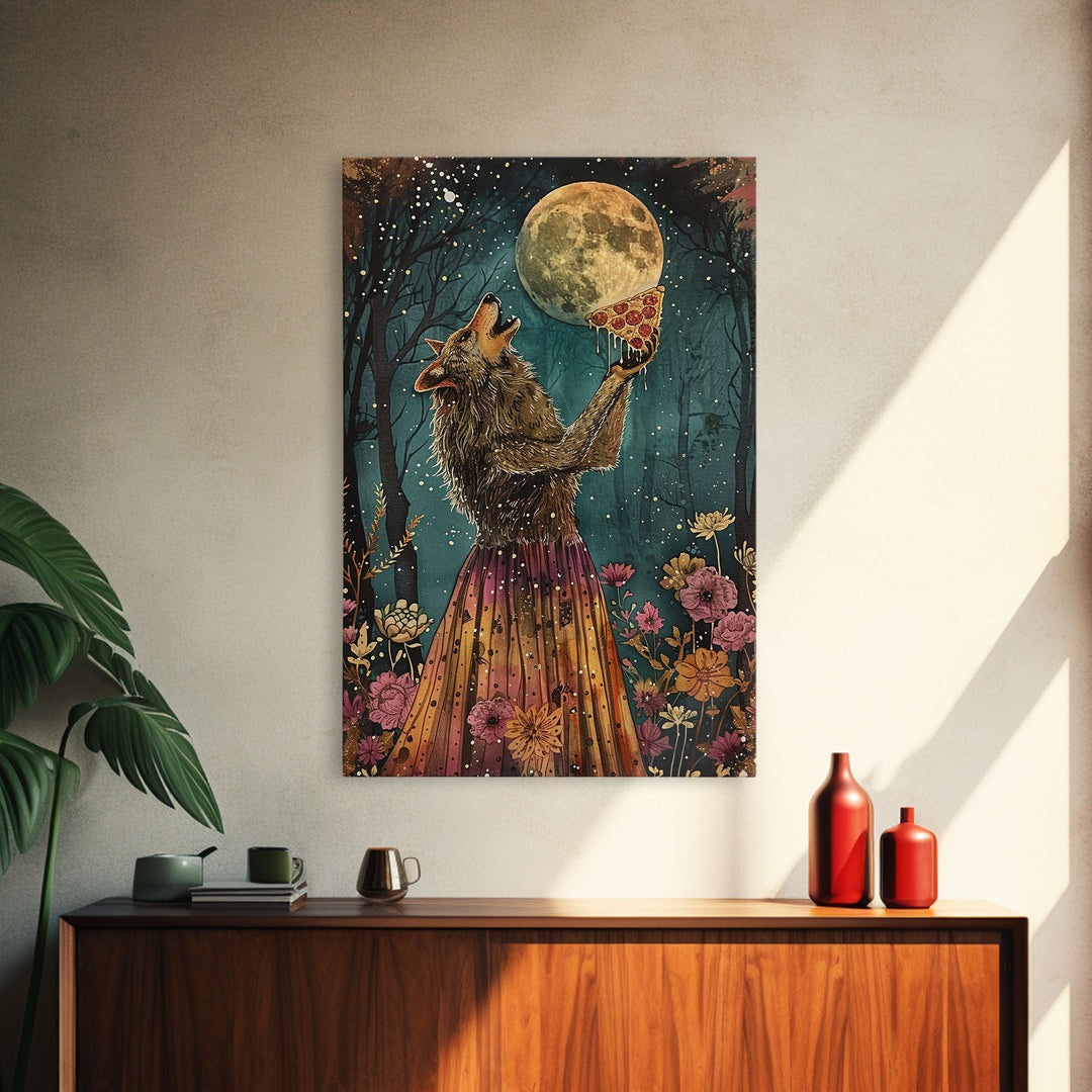 That's A Howlin' Good Pizza, Werewolf Eatin a Pizza and Howlin at The Moon, Framed Canvas Print, Funny Halloween Art