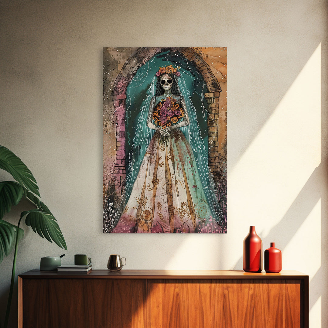 Skeleton Bride in Floral Arch Framed Canvas Print | Halloween Bride Art | Spooky Bride Decor for Home | Gothic Wedding Artwork