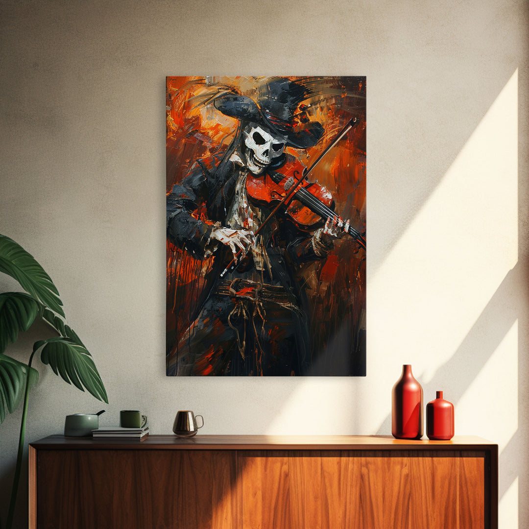 Skeleton Violinist Performing in Fiery Background | Halloween Wall Art | Spooky Home Decor Musician Skeleton Painting | Framed Canvas Print