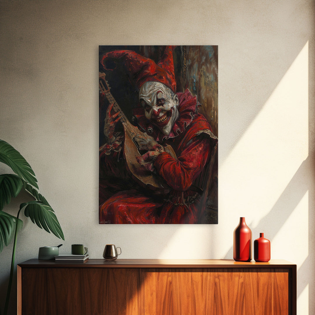 Sinister Clown with Blood-Stained Mandolin | Halloween Wall Art | Spooky Home Decor | Creepy Clown Mandolin Painting | Framed Canvas Print