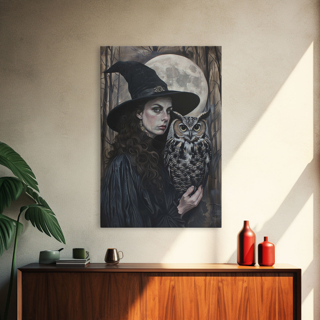 Witch with Wise Owl Under Full Moon, Framed Canvas Print, Mystical Witchcraft Art, Witch and Owl, Spooky Home Decor, Halloween Wall Art