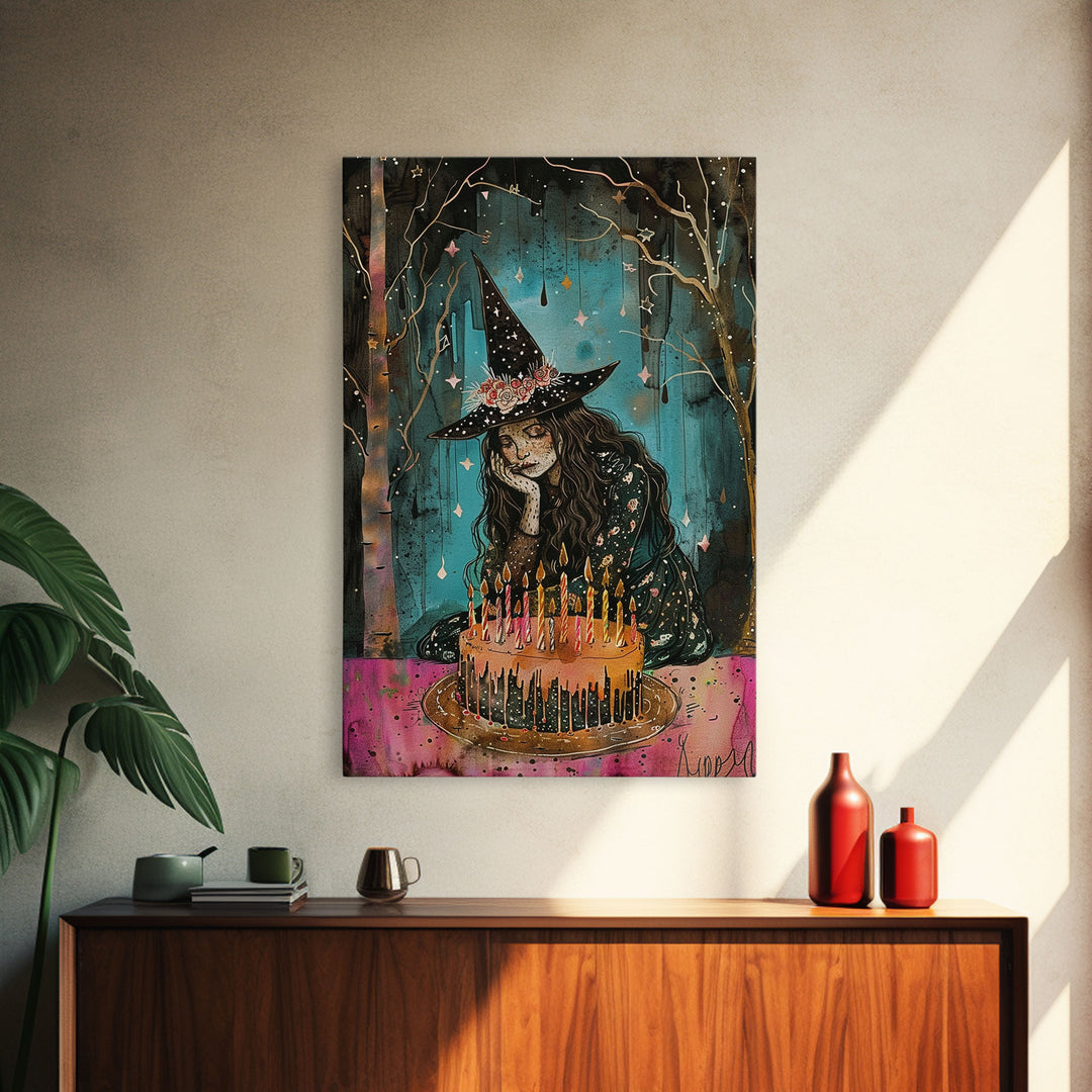 The Sad Birthday Witch, Witch With Birthday Cake Framed Canvas Print, Melancholy, Halloween Decor, Witchy Art, Cottagecore Decor