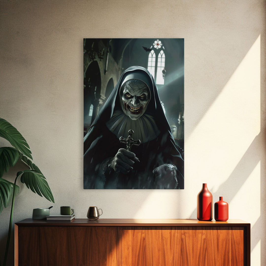 Sinister Nun with Crucifix in Haunted Church - Scary Halloween Themed Framed Canvas Print, Creepy Gothic Home Wall Decor