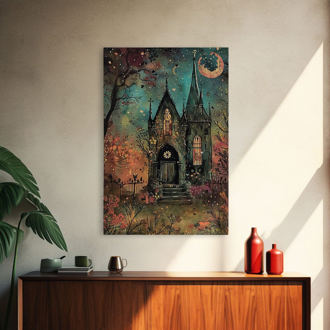 The Haunted Mausoleum, Framed Canvas Print, Spooky Season Halloween Decor, Halloween Props Wall Art, Gift For Halloween Lover