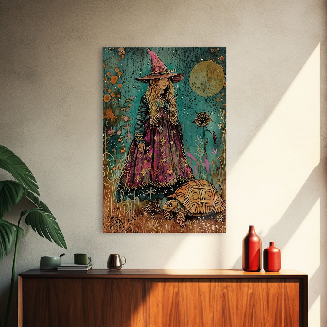 Witch With Tortoise Canvas Print - Halloween Art, Spooky Home Decor, Witch Wall Art, Witch Painting, Halloween Decor, Framed Canvas Print