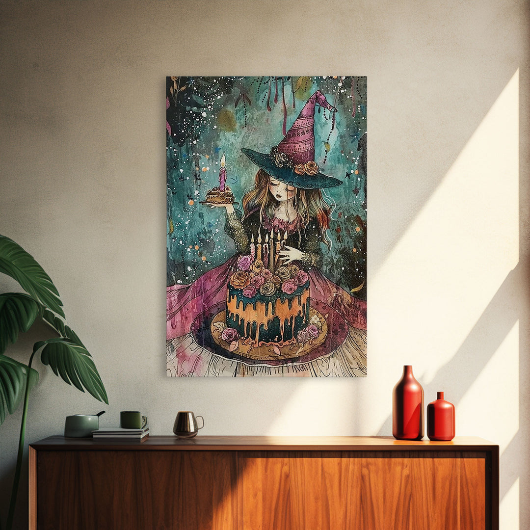 Witchy Birthday Party For One, Framed Canvas Print, Melancholy Witch Halloween Art