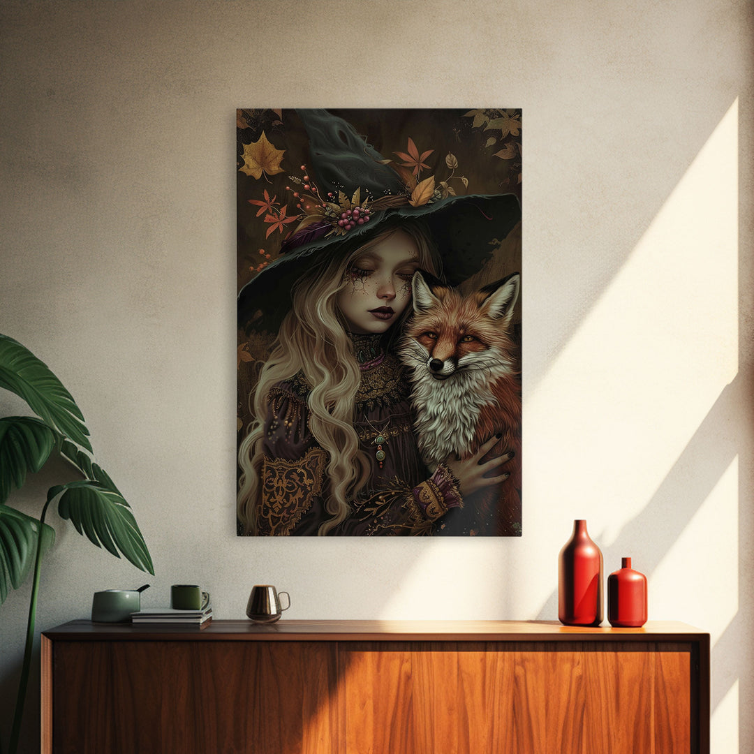 Spooky Halloween Witch Wall Art, Framed Canvas Prince, Halloween Decor, Halloween Gift, Spooky Season, Cottage Core Witch and Fox Familiar