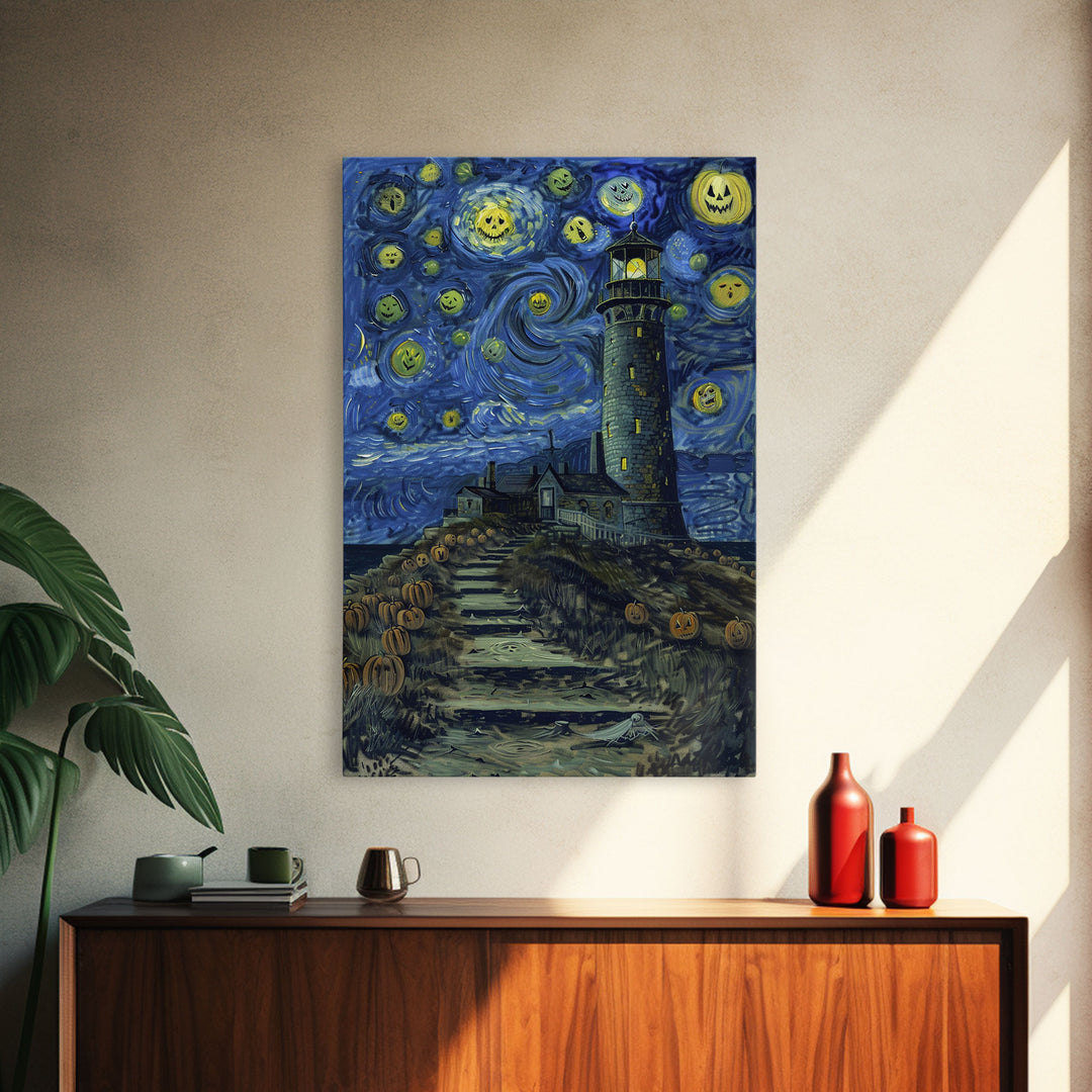 Starry Night Inspired Haunted Light House Framed Canvas Print, Van Gogh Inspired, Spooky Season Halloween Art