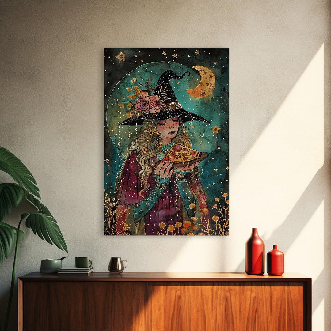 Summer Witch and Her Slice Of Pizza, Framed Canvas Print, Cute / Funny Halloween Art