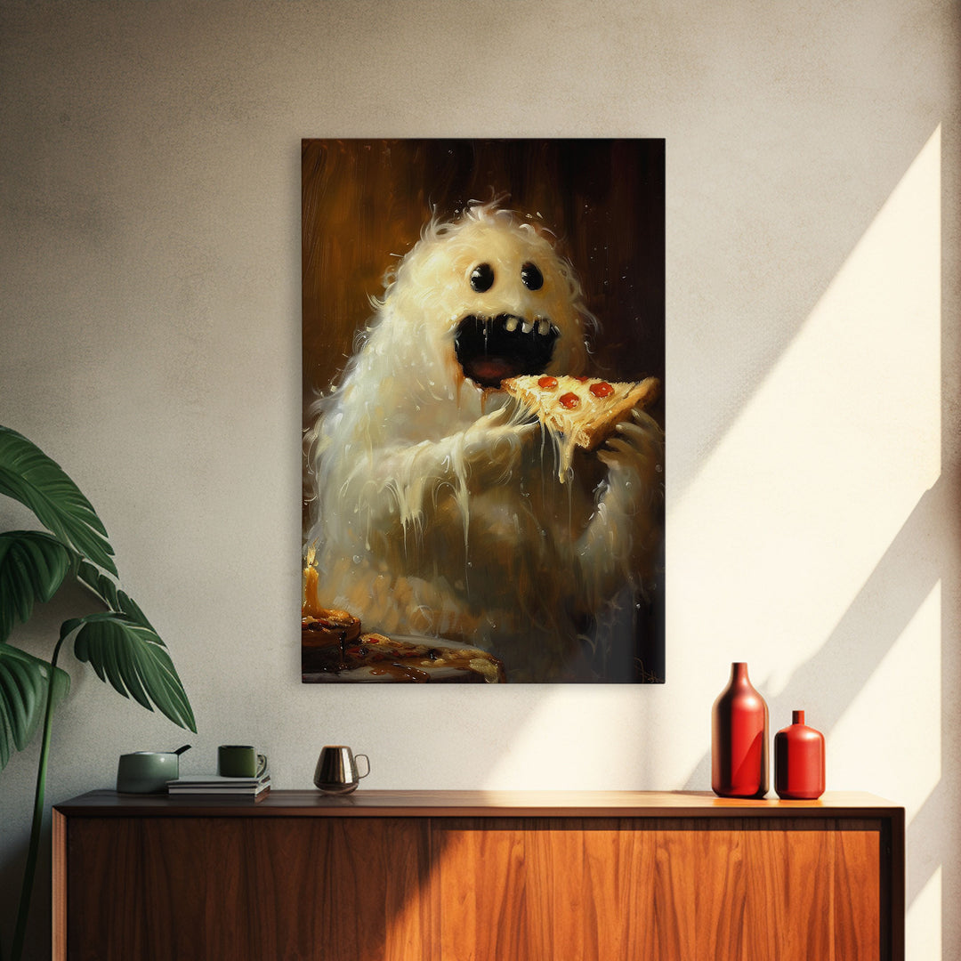 The Pizza Ghost, Framed Canvas Print, Funny Halloween Wall Art