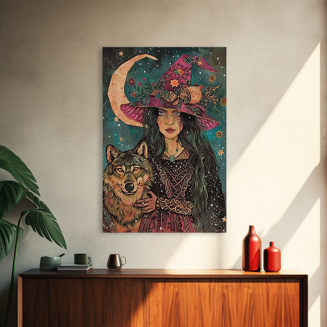 Spooky Halloween Witch Wall Art, Framed Canvas Prince, Halloween Decor, Halloween Gift, Spooky Season, Cottage Core Witch and Wolf Familiar