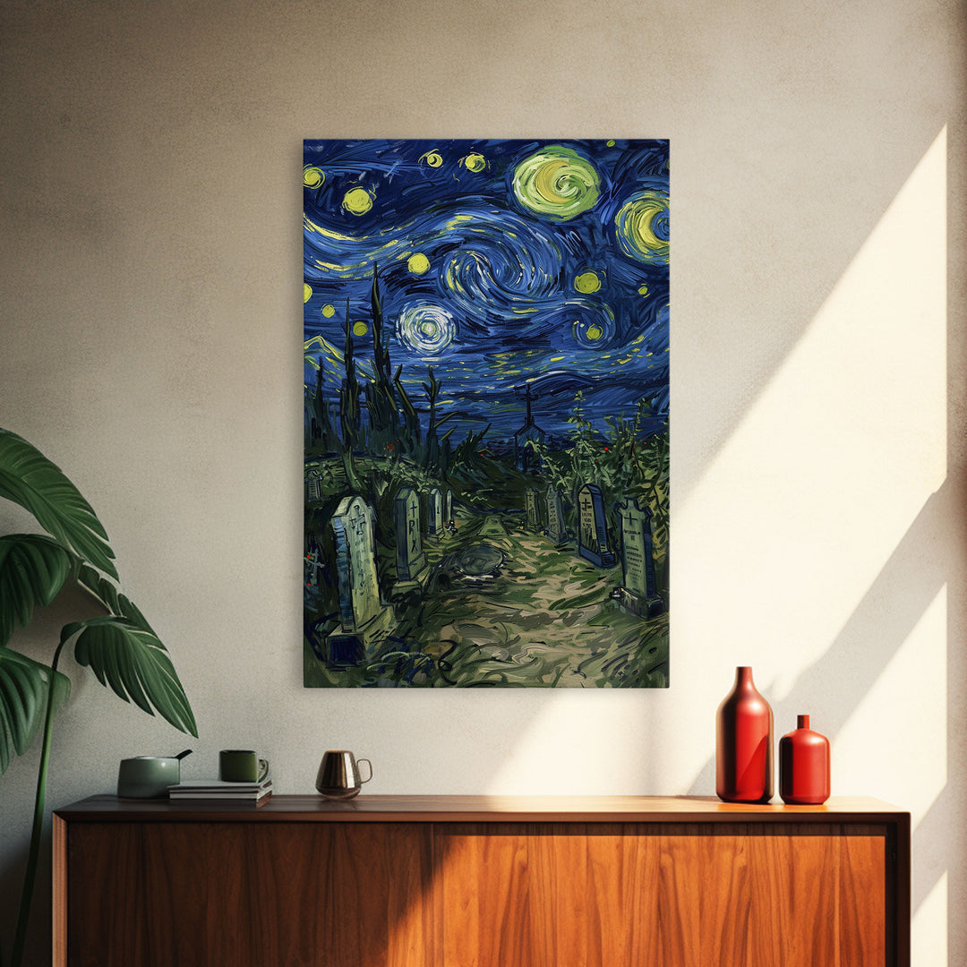 Starry Night Cemetery Framed Canvas Print, Halloween Wall Art, Gothic Art, Spooky Graveyard Decor, Van Gogh Style, Halloween Wall Decor