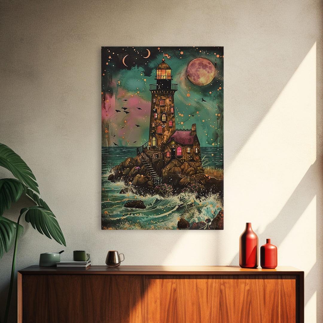 The Haunted Light House Framed Canvas Print, Retro Style Halloween Decor, Cottage Core Halloween Art