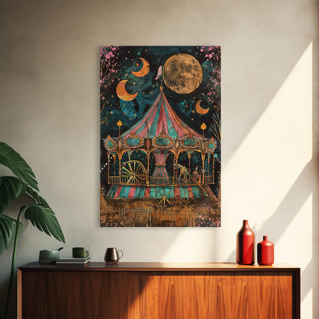 Spooky Haunted Carnival, Halloween Framed Canvas Print, Halloween Art, Springtime Cottage Core Halloween Mashup Decor