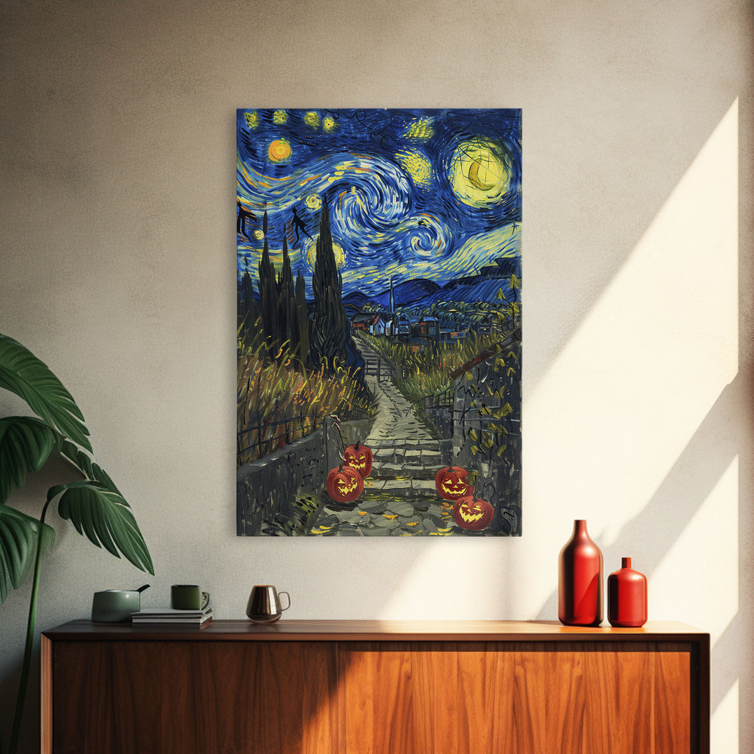 Spooky Starry Night Inspired Haunted Grave Yard Framed Canvas Print, Spooky Season Halloween Art