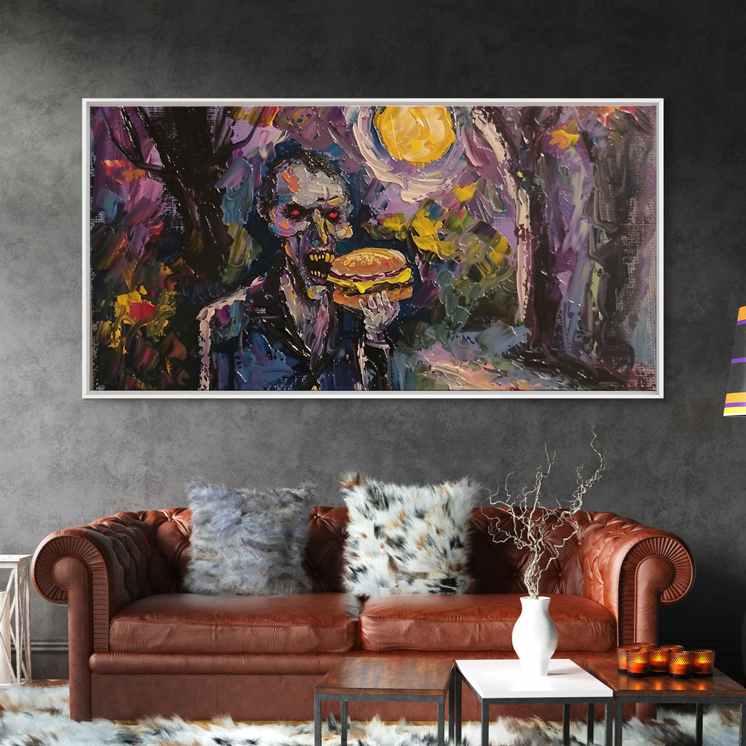 Vampire Having A Cheeseburger, Framed Canvas Print, Funny Halloween Decor