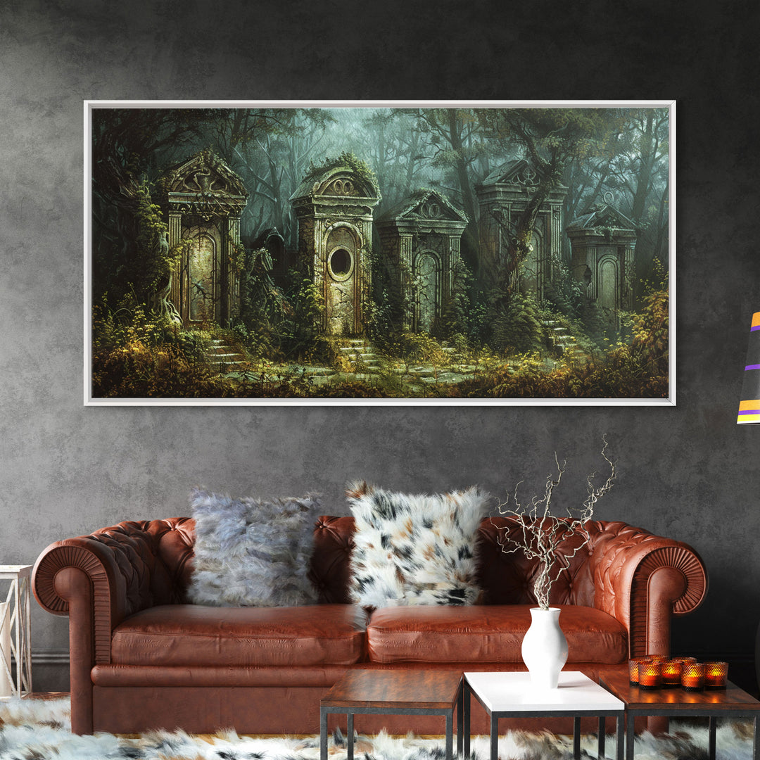 The Haunted Grave Yard, Spooky Season Framed Canvas Print, Halloween Decor, Spooky Vibes, Dark Academia Wall Art