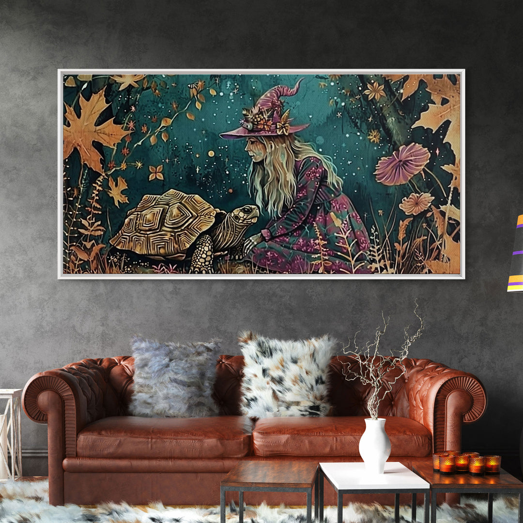 Victorian Witch and her Tortoise Familiar | Framed Canvas Print | Dark Academia Wall Art | Victorian Style Halloween Art