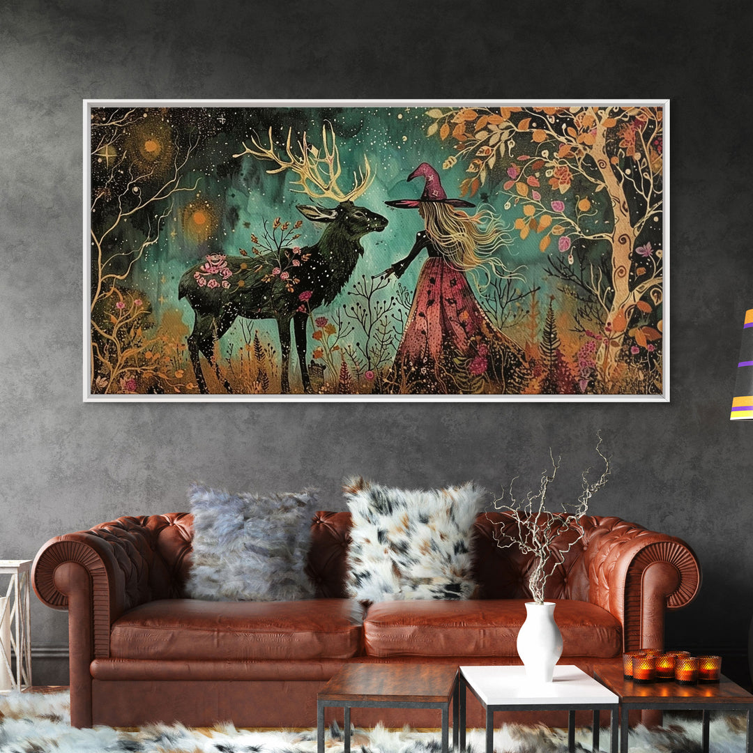 Victorian Witch and her Deer Familiar | Framed Canvas Print | Dark Academia Wall Art | Victorian Style Halloween Art