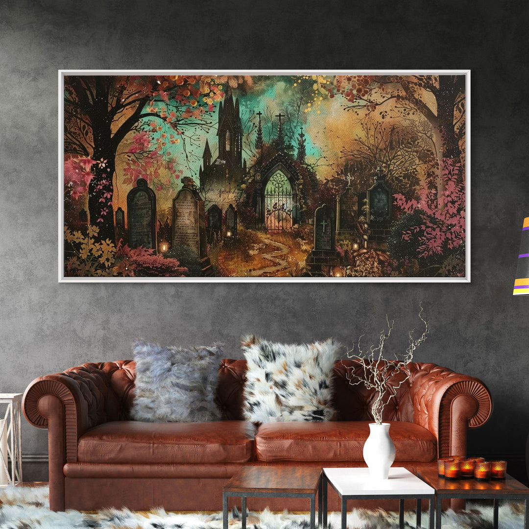 Ye Old Haunted Graveyard, Framed Canvas Print, Halloween Art