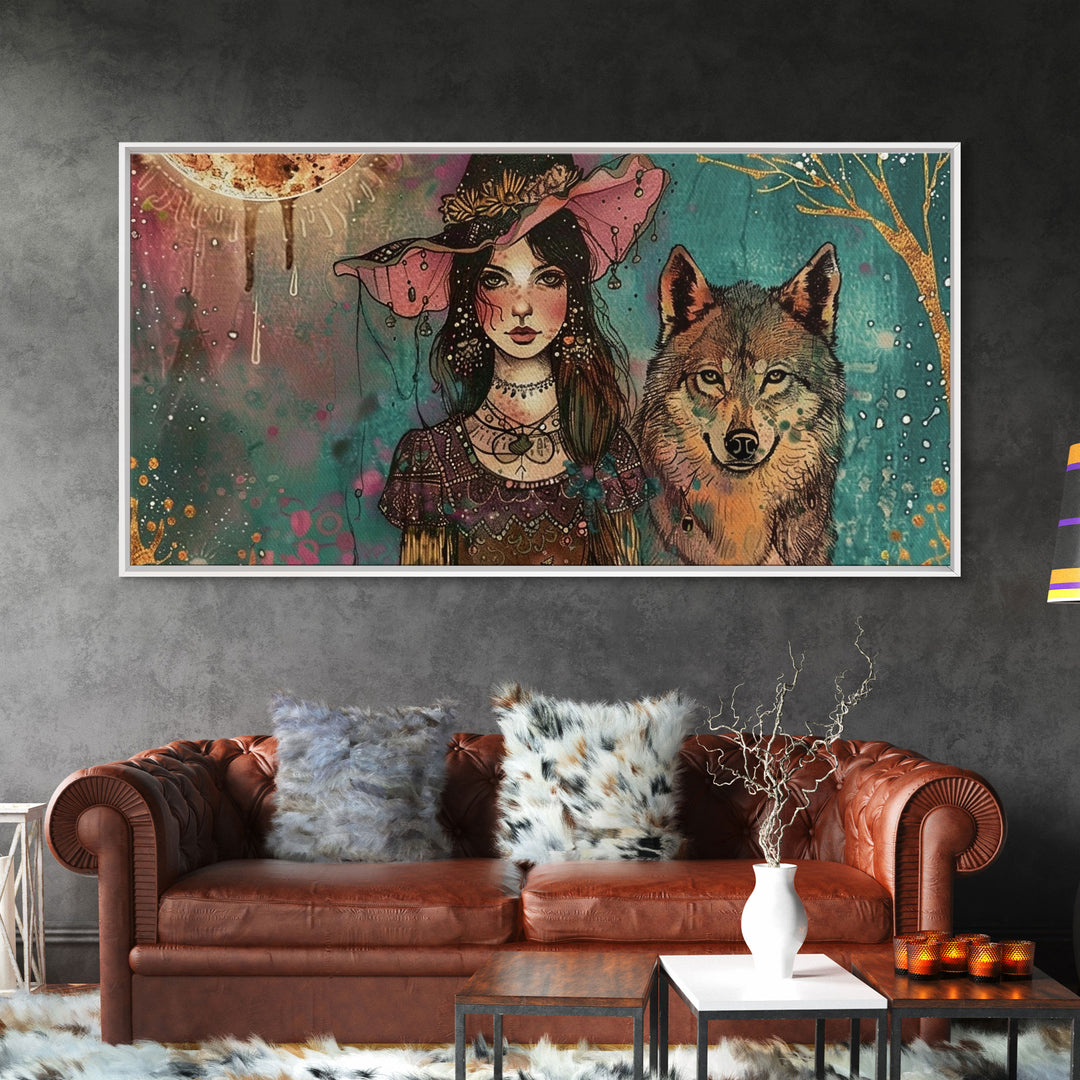 The Witch and The Wolf Familiar, Framed Canvas Print, Halloween Gift, Halloween Props, Halloween Wall Art