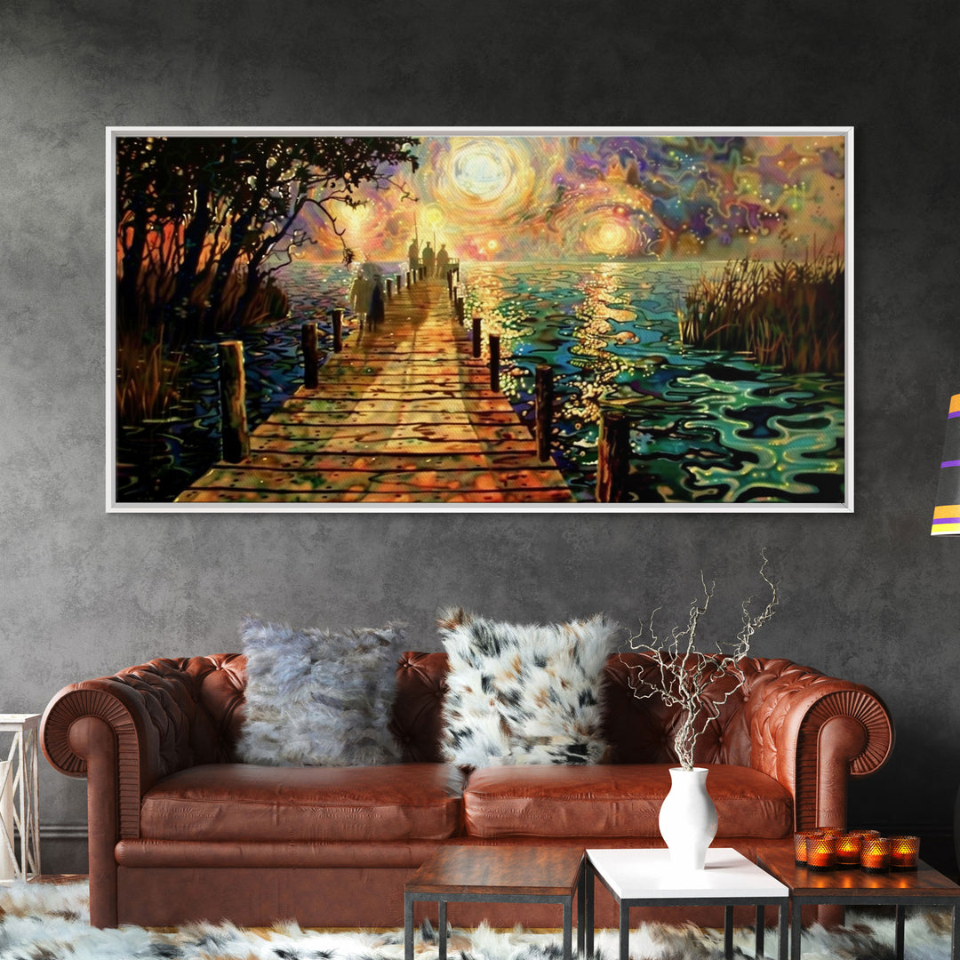 Starry Night Inspired Haunted Ghostly Docks At Night, Framed Canvas Print, Halloween Decor