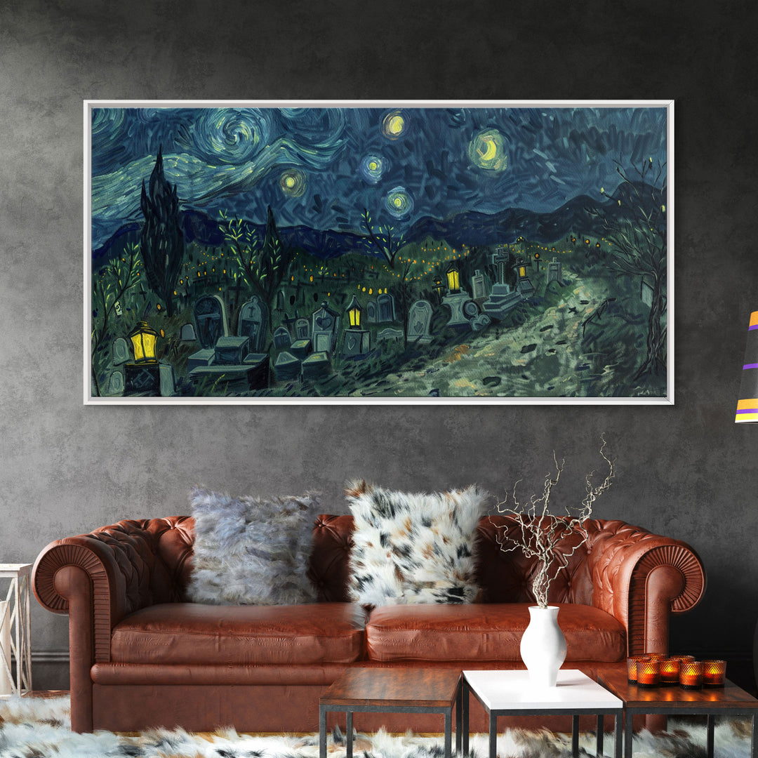 Starry Night Inspired Haunted Cemetery, Framed Canvas Print, Spooky Season Gift Idea, Halloween Decor, Halloween Prop