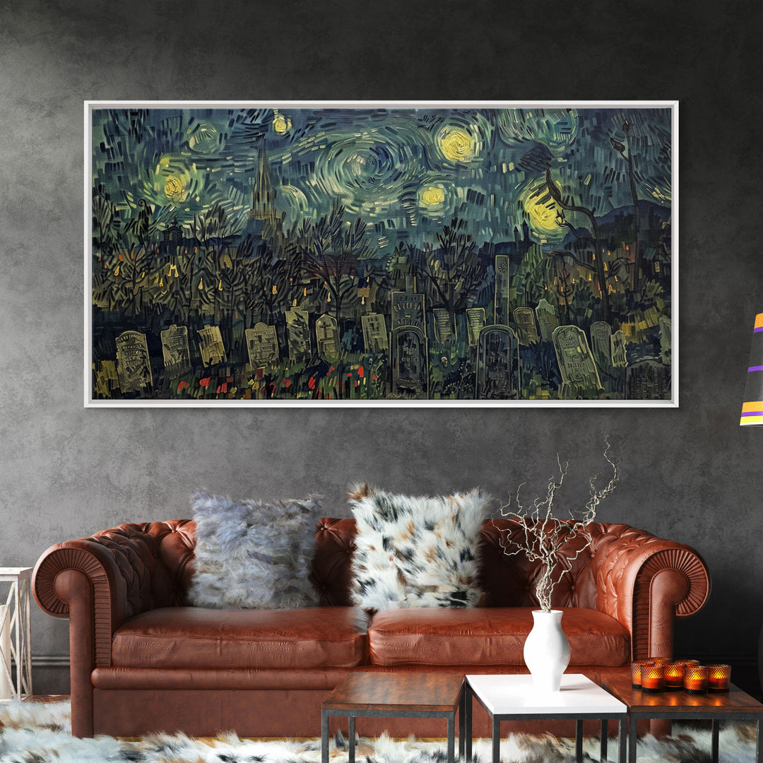 Starry Night Inspired Haunted Cemetery, Framed Canvas Print, Spooky Season Gift Idea, Halloween Decor, Halloween Prop