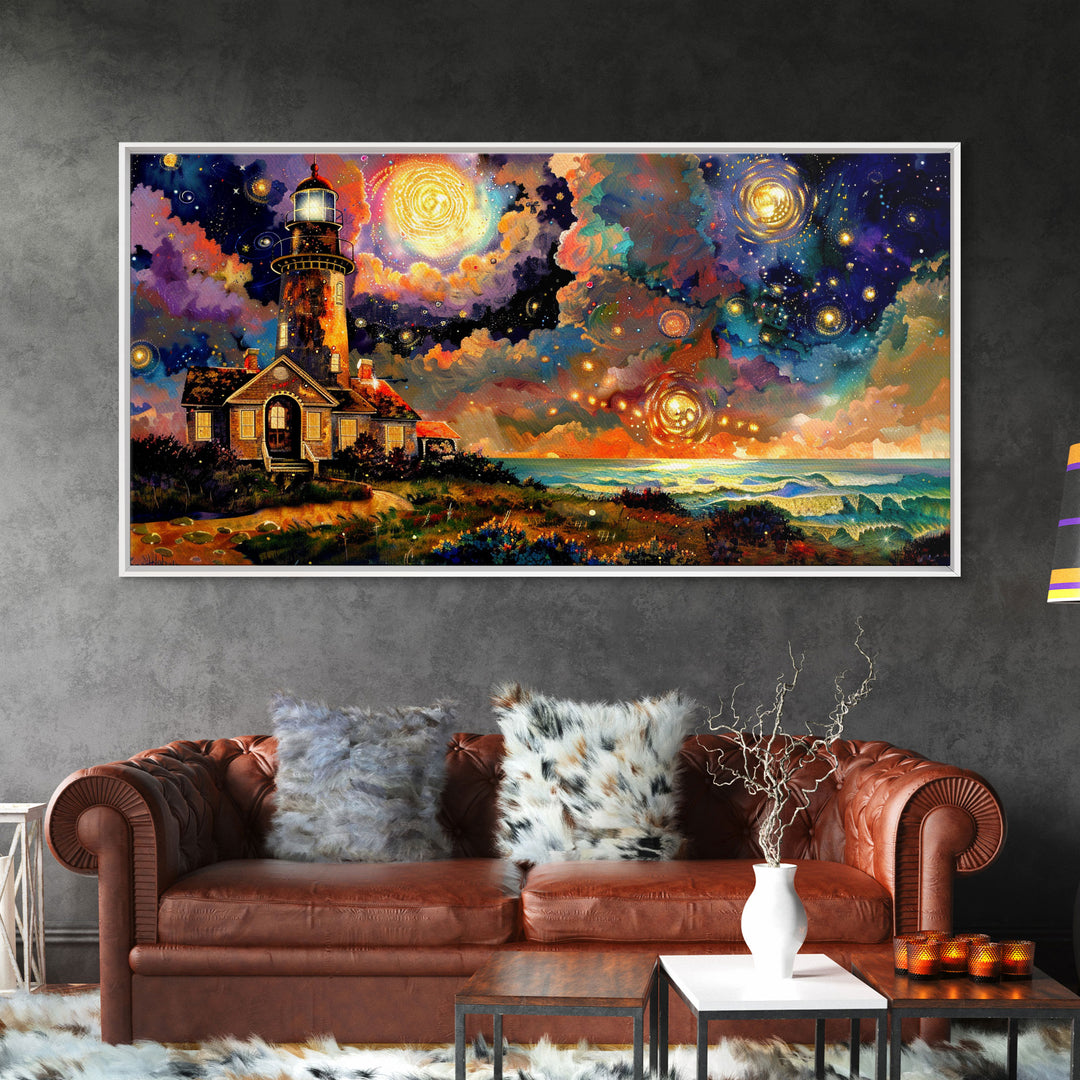 The Light House, Abstract Art, Framed Canvas Print, Original Midcentury Style Lighthouse Painting Wall Decor